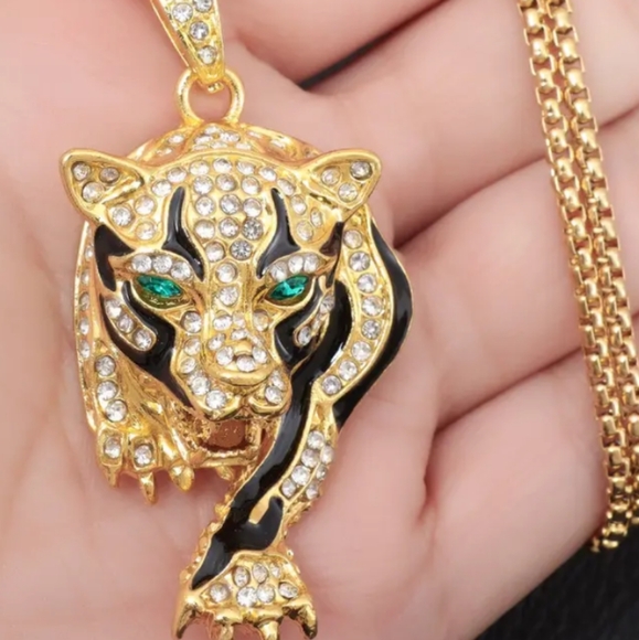GOLD TIGER PENDANT WHITE TOPAZ/C CHROME DIOPSIDE/HAND ENAMEL 24-IN ROLO LINK CHA - Picture 1 of 3